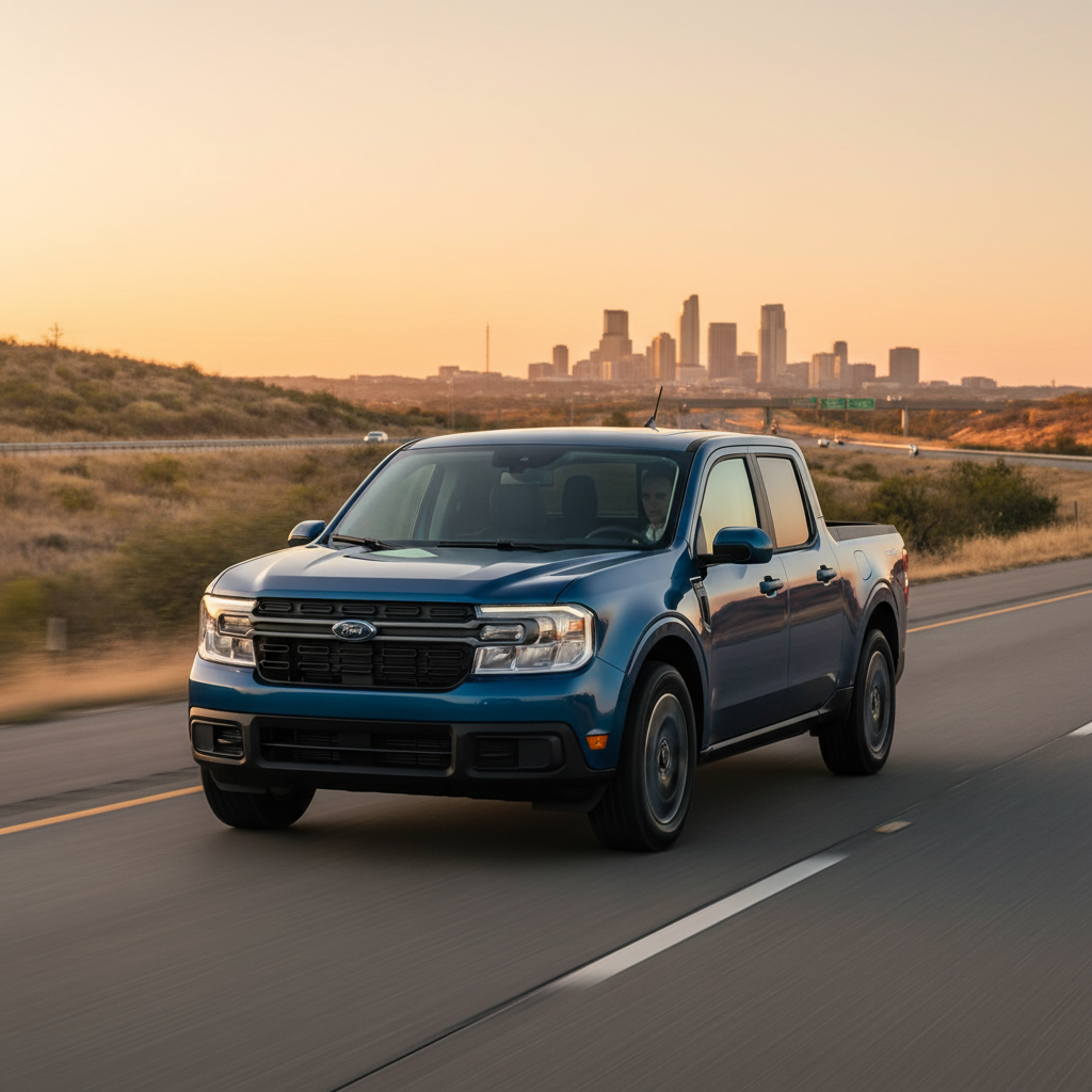 Blue Ford Maverick truck driving on highway with city skyline in the distance during sunset.