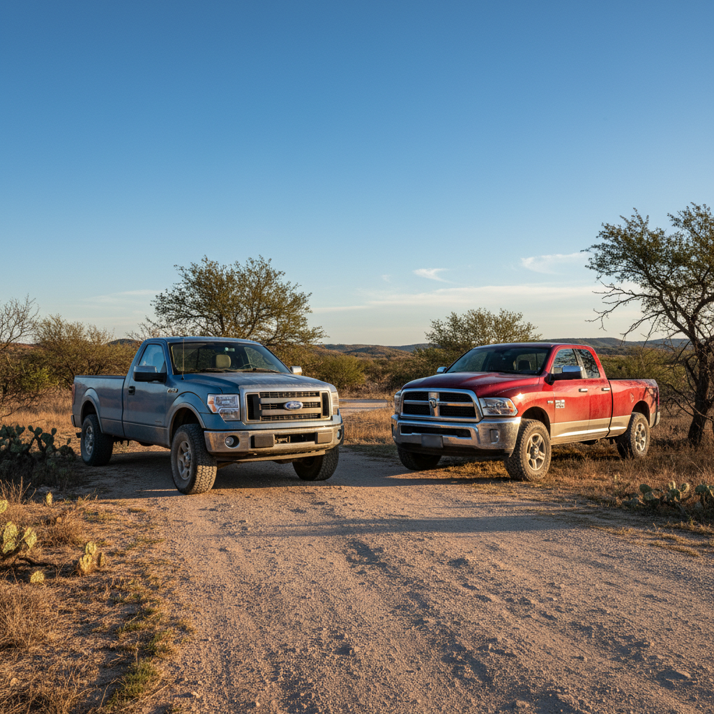 Ford and Dodge Trucks on Dirt Road