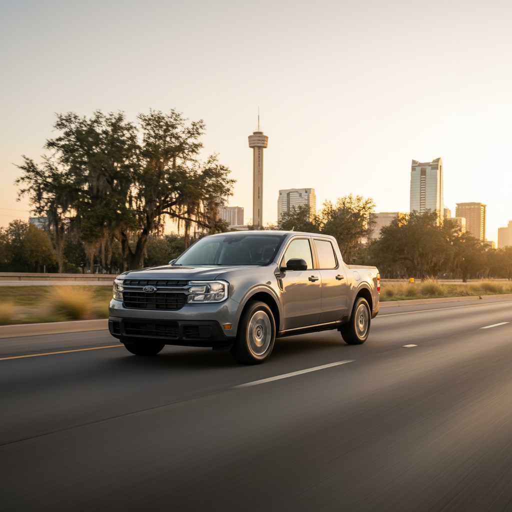 Gray Ford Maverick driving on highway with San Antonio skyline in the background.