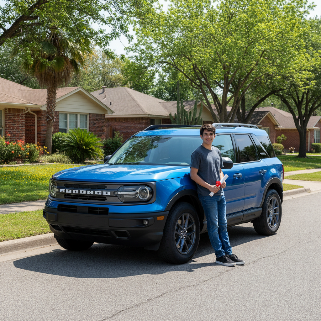 Graduate standing next to blue Ford Bronco, holding diploma.