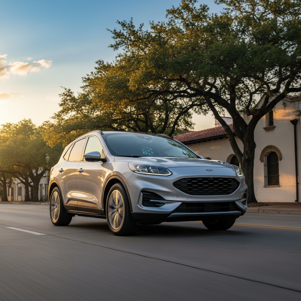 2026 Silver Ford Escape driving on street with trees and building.