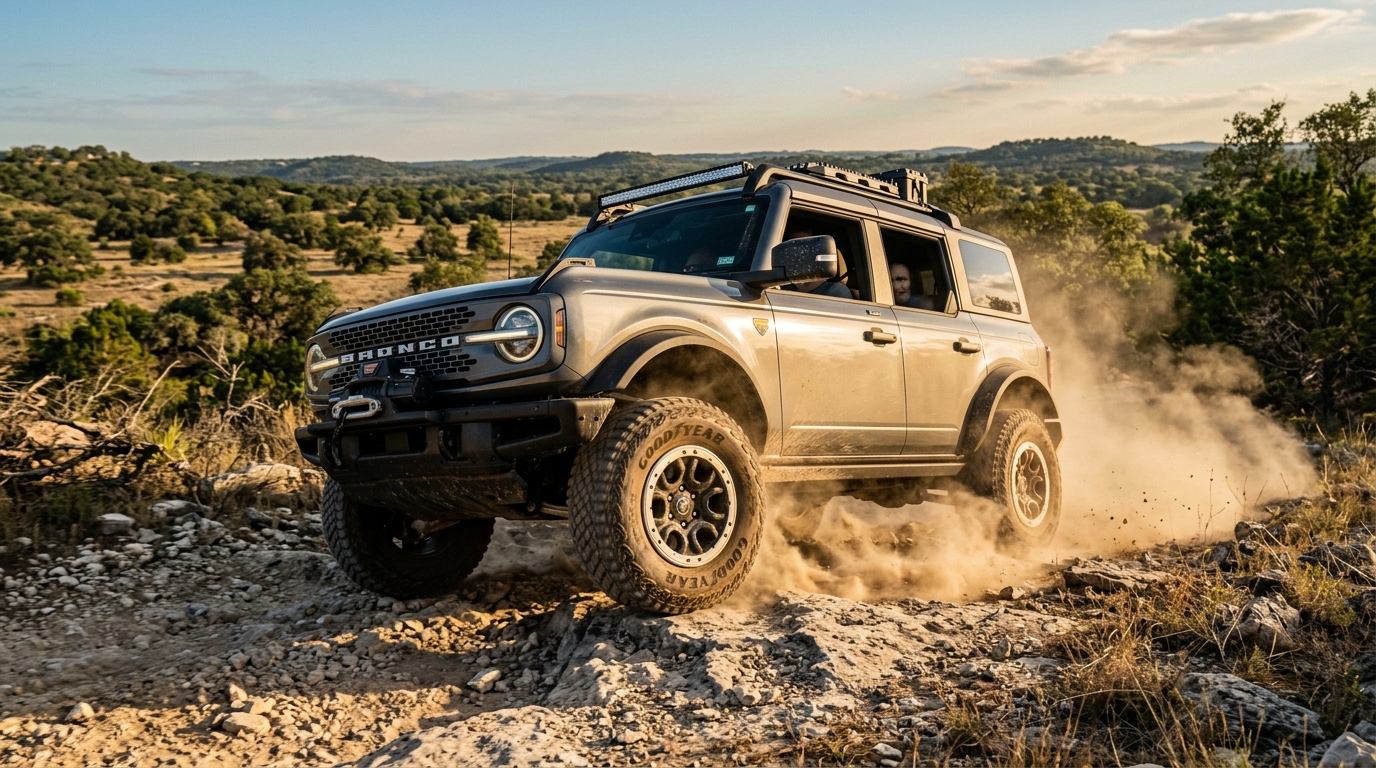 A silver Ford Bronco off-roading on a rocky trail with dust kicking up behind the tires.