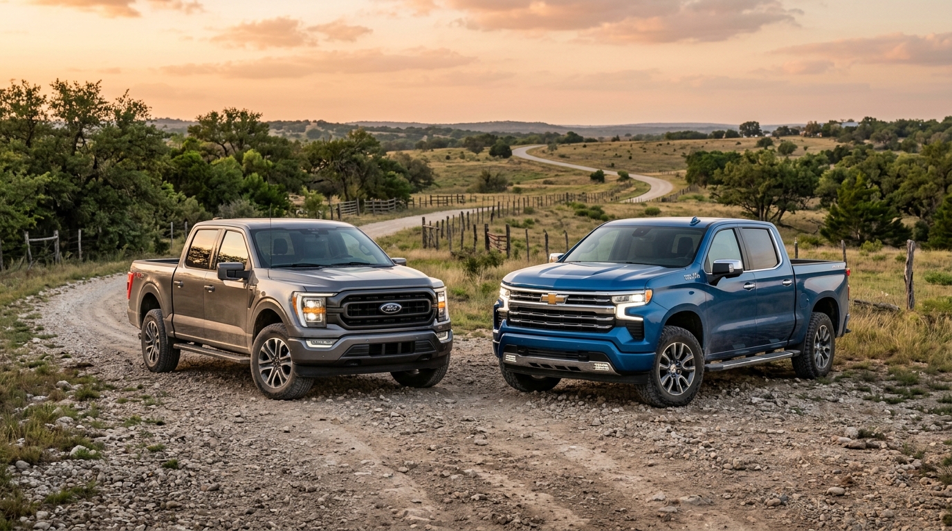A gray Ford F-150 and a blue Chevrolet Silverado parked side-by-side on a gravel road in a rural landscape.
