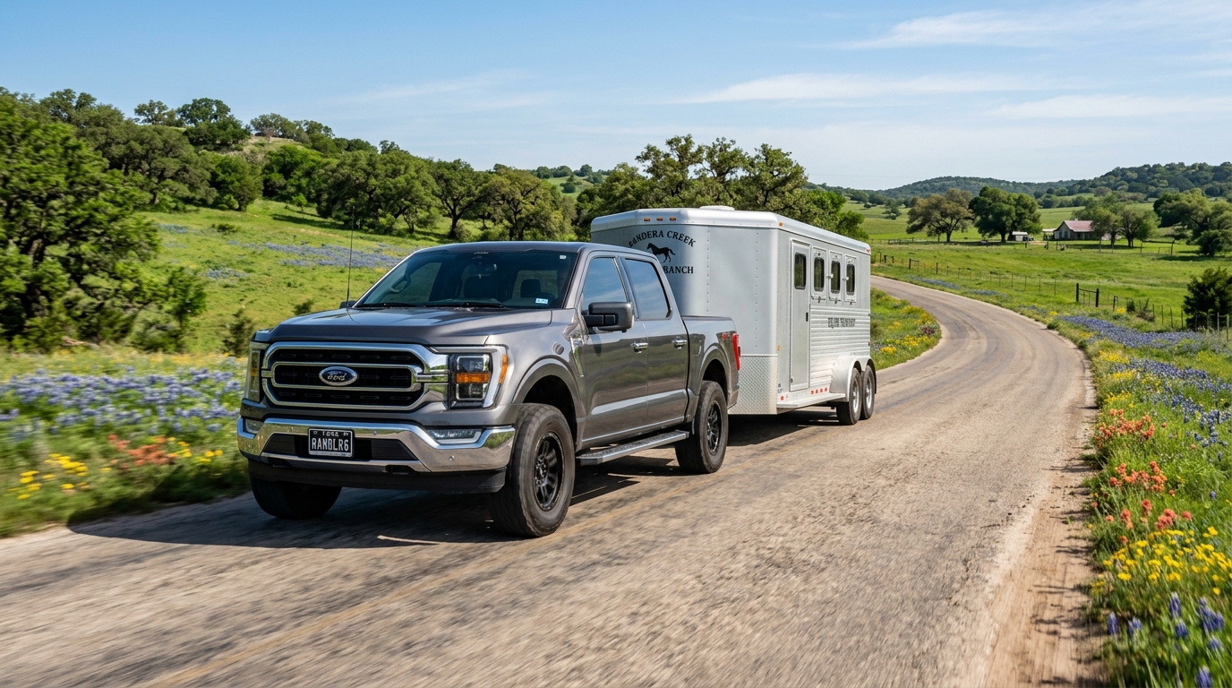 A gray Ford F-150 pickup truck towing a silver horse trailer on a rural winding road in Texas.