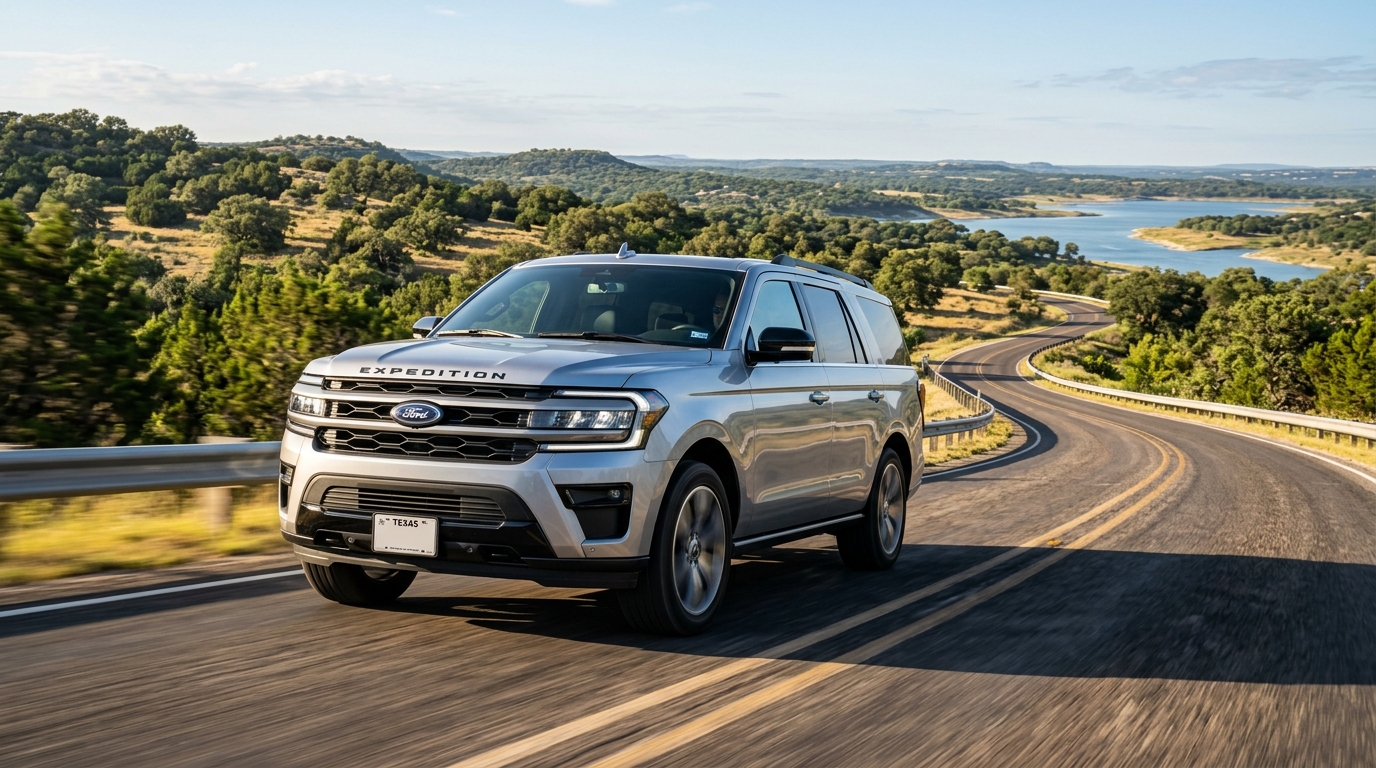 Silver Ford Expedition driving on a winding road through a hilly landscape with a blue lake in the background.