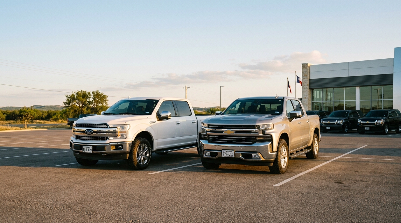 A white Ford F-150 and a silver Chevrolet Silverado parked side-by-side in a dealership lot