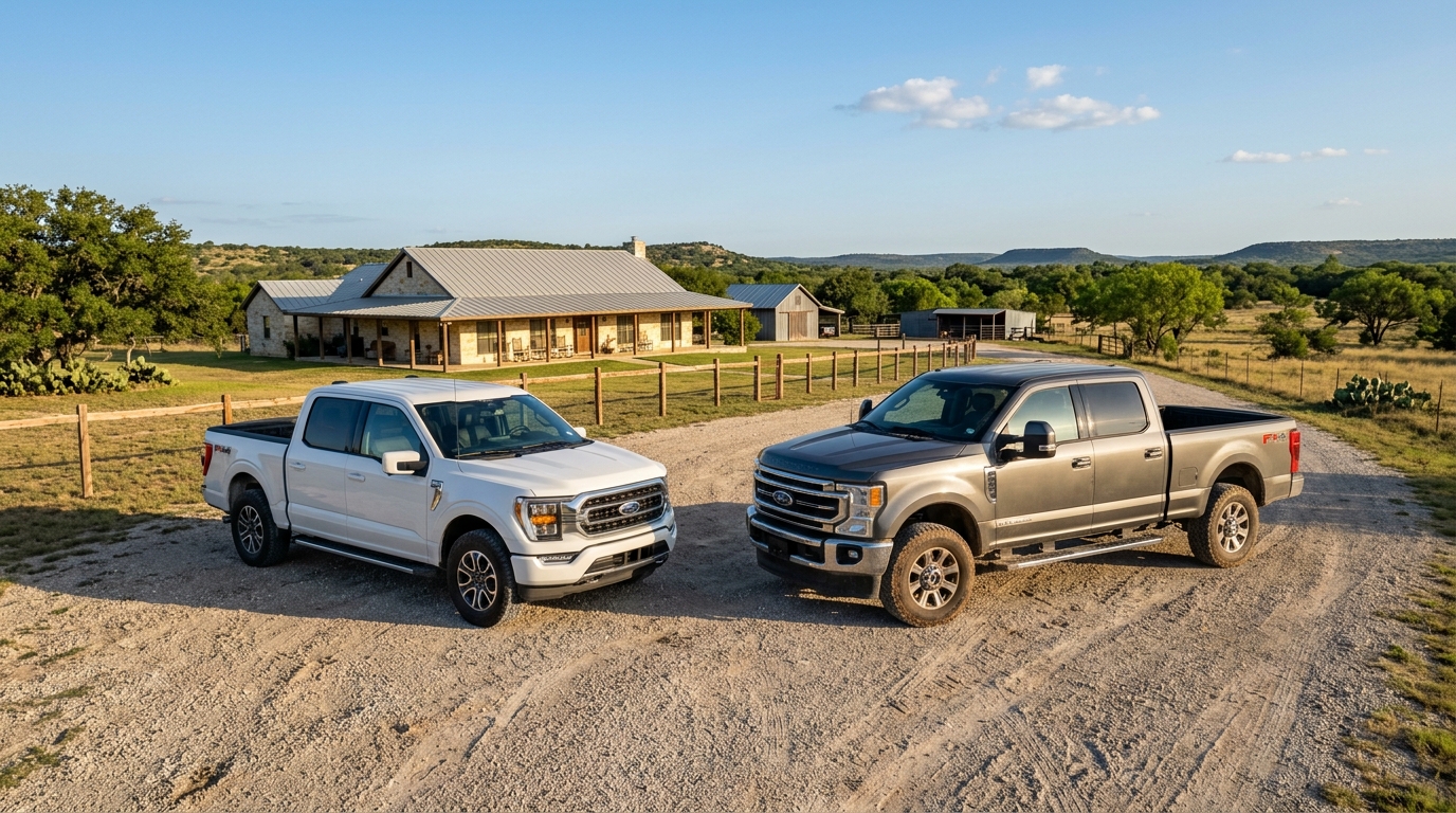 White Ford F-150 and grey Ford Super Duty parked on a gravel driveway in front of a ranch house.