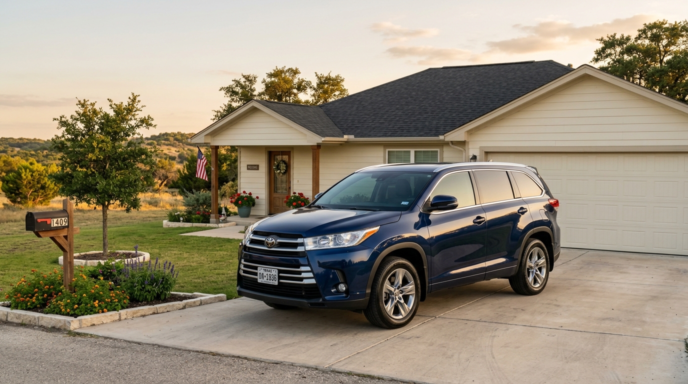 A dark blue Toyota SUV parked in the concrete driveway of a single-story suburban home at sunset. (Representative image for illustration purposes only. Actual vehicle may vary based on trim and configuration.)