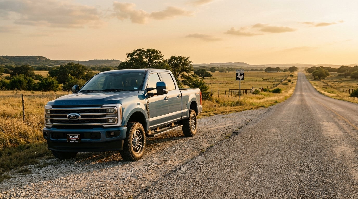 A blue Ford Super Duty pickup truck parked on a gravel shoulder next to a paved country road at sunset. (Representative image for illustration purposes only. Actual vehicle may vary based on trim and configuration.)