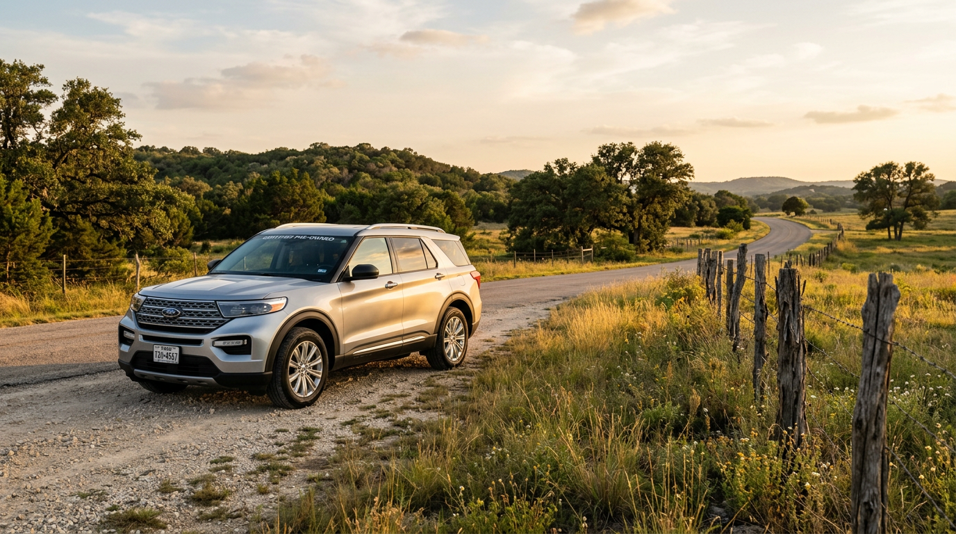 Silver Ford Explorer parked on a dirt shoulder next to a paved country road at sunset (Representative image for illustration purposes only. Actual vehicle may vary based on trim and configuration.)