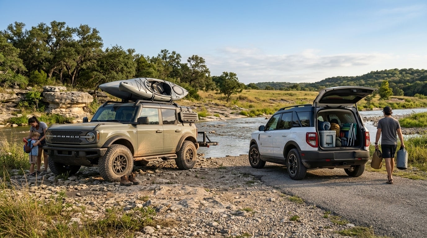 Two Ford Bronco SUVs loaded with outdoor gear parked beside a shallow river with a family preparing for camping. (Representative image for illustration purposes only. Actual vehicle may vary based on trim and configuration.)