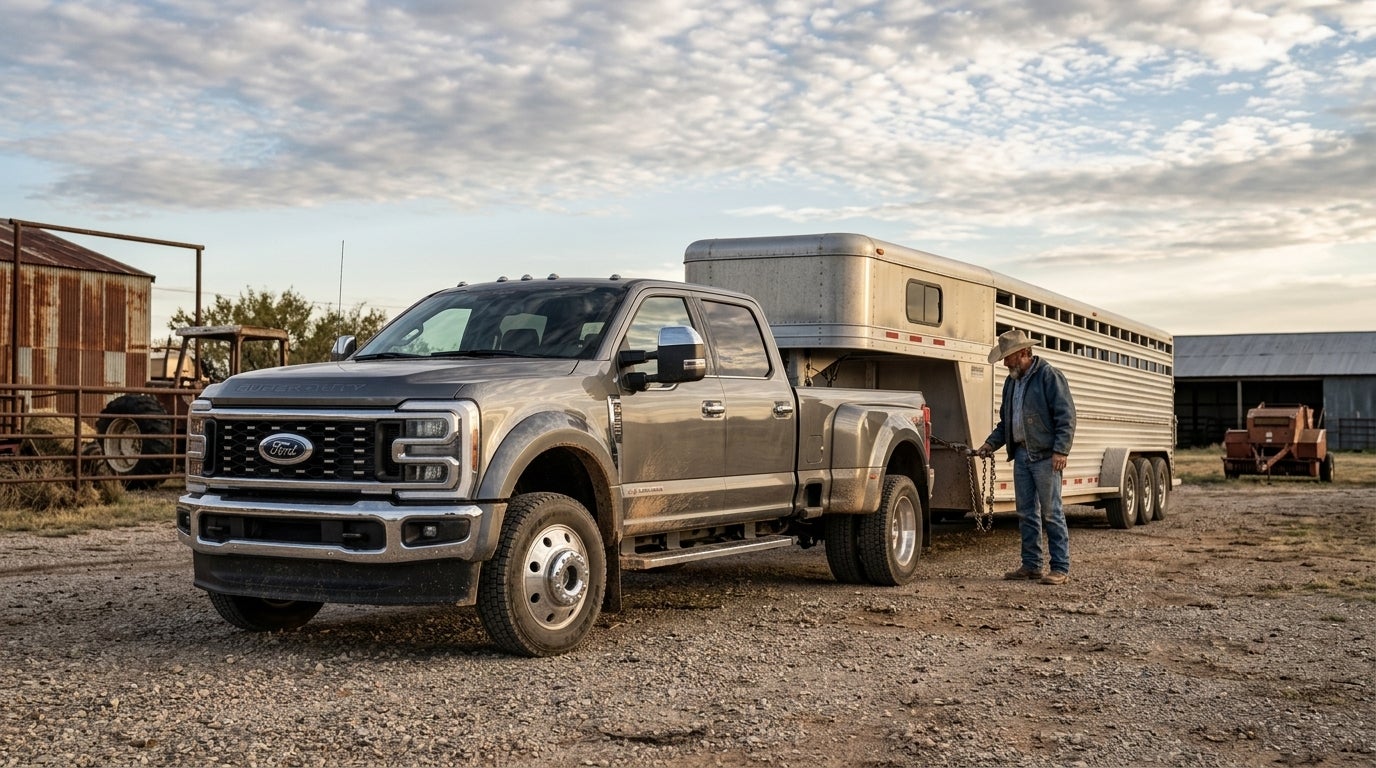 A grey Ford Super Duty dually truck hitched to a silver livestock trailer on a farm with a cowboy standing nearby. (Representative image for illustration purposes only. Actual vehicle may vary based on trim and configuration.)