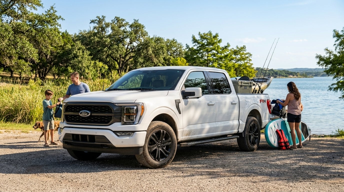 A white Ford F-150 pickup truck parked near a lake with a family unloading outdoor gear. (Representative image for illustration purposes only. Actual vehicle may vary based on trim and configuration.)