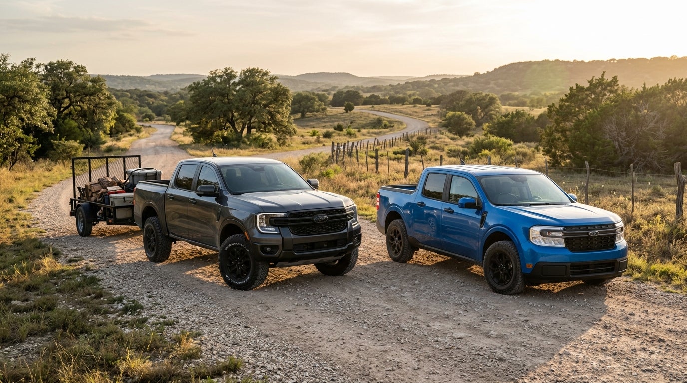 A dark grey Ford truck towing a trailer parked next to a blue Ford truck on a dirt road in a rural landscape. (Representative image for illustration purposes only. Actual vehicle may vary based on trim and configuration.)