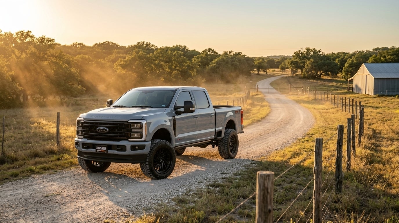 A lifted gray Ford Super Duty pickup truck parked on a rural dirt road at sunset. (Representative image for illustration purposes only. Actual vehicle may vary based on trim and configuration.)