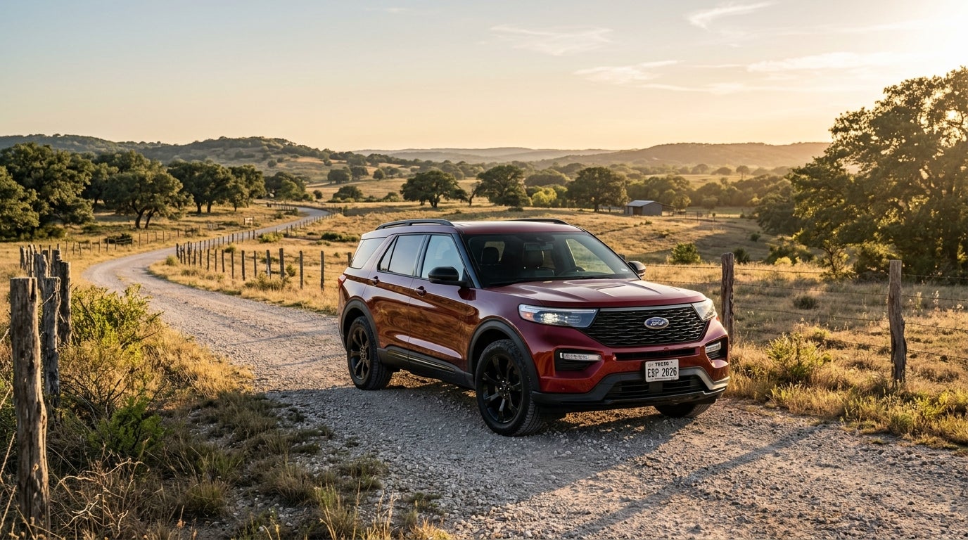 Red Ford Explorer SUV on a gravel country road in a Texas landscape at sunset. (Representative image for illustration purposes only. Actual vehicle may vary based on trim and configuration.)