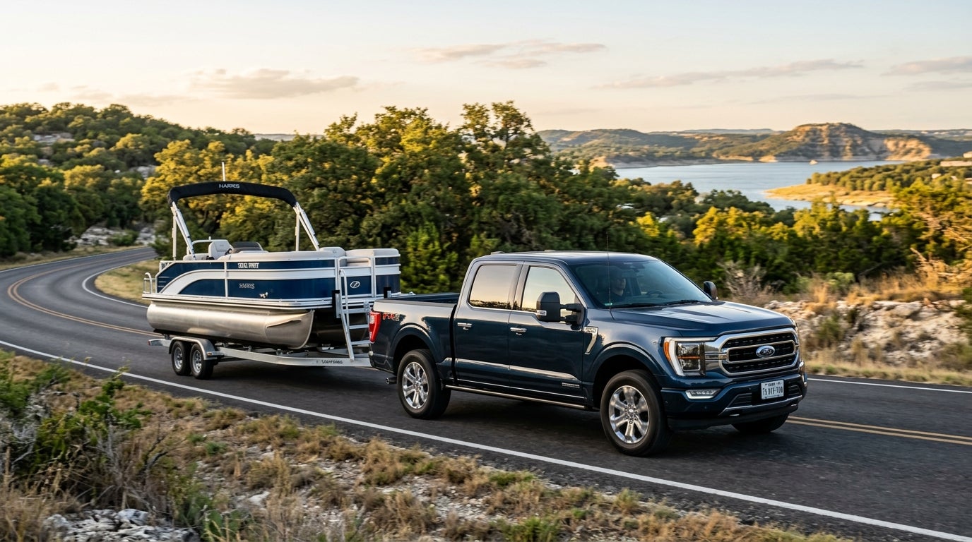 Dark blue Ford F-150 truck towing a pontoon boat trailer along a scenic winding road by a lake. (Representative image for illustration purposes only. Actual vehicle may vary based on trim and configuration.)