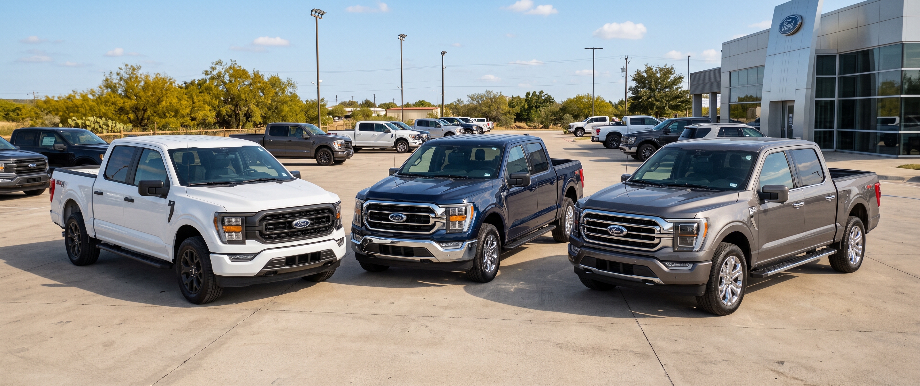 Three Ford F-150 pickup trucks in white, blue, and grey parked outside a dealership on a sunny day.