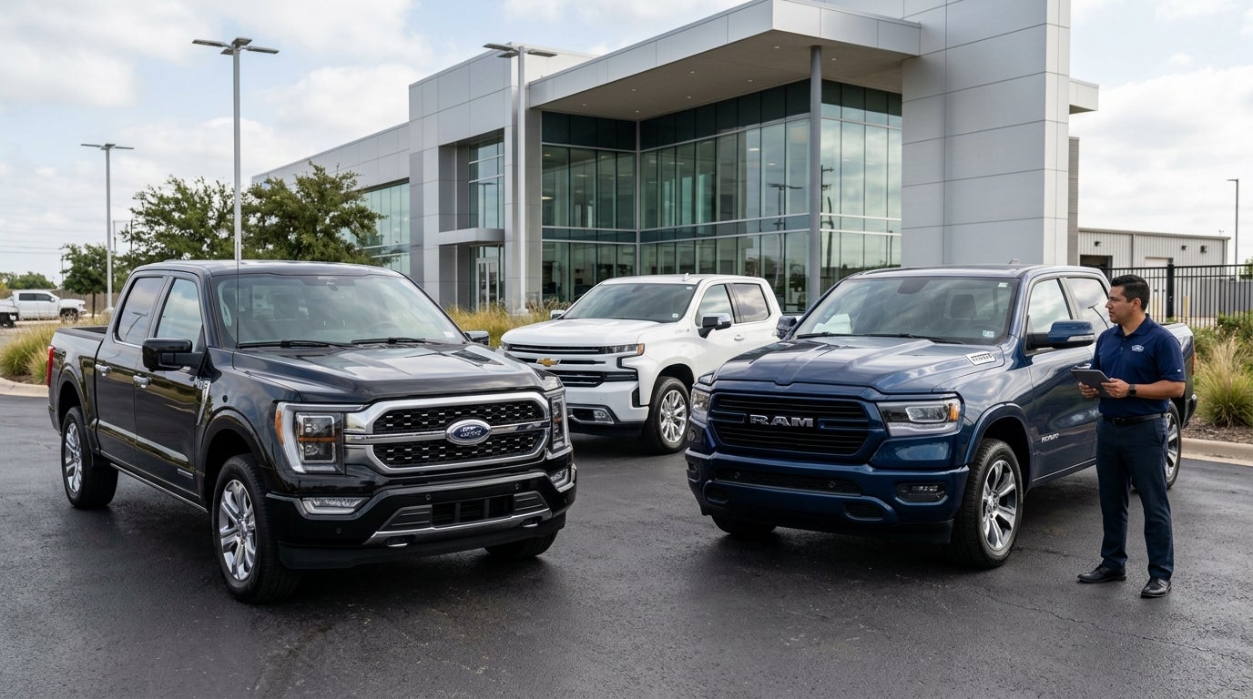 Three pickup trucks—a black Ford, white Chevrolet, and blue RAM—parked outside a dealership with a salesman. (Representative image for illustration purposes only. Actual vehicle may vary based on trim and configuration.)