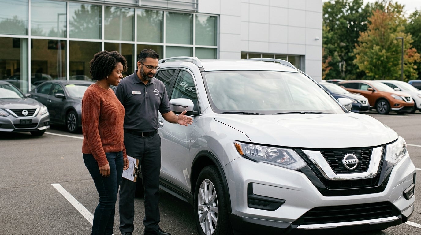 A dealership employee presents a silver Nissan SUV to a female customer on a car lot. (Representative image for illustration purposes only. Actual vehicle may vary based on trim and configuration.)