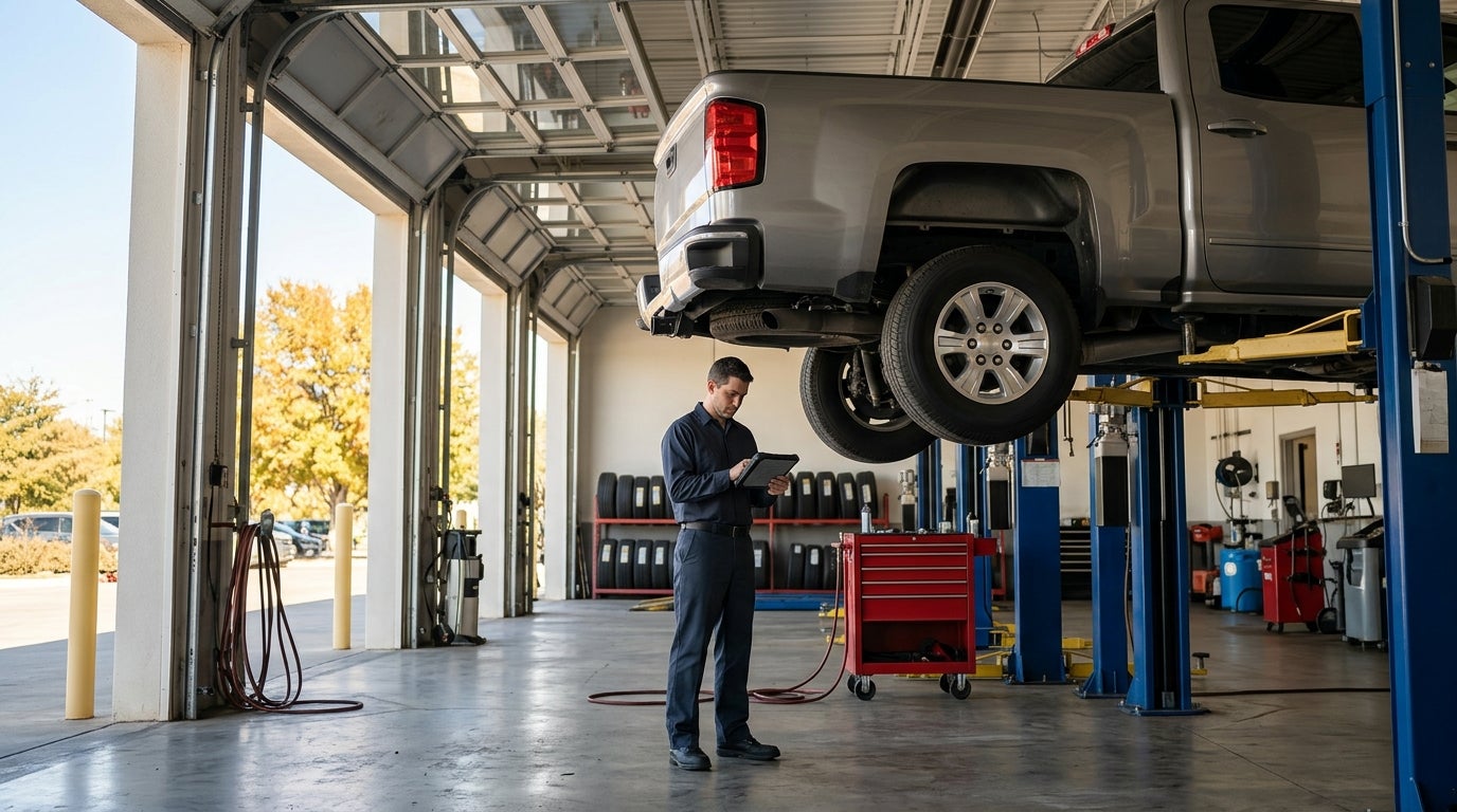 A mechanic in a dark blue uniform using a diagnostic tablet under a pickup truck raised on a hydraulic lift. (Representative image for illustration purposes only. Actual vehicle may vary based on trim and configuration.)