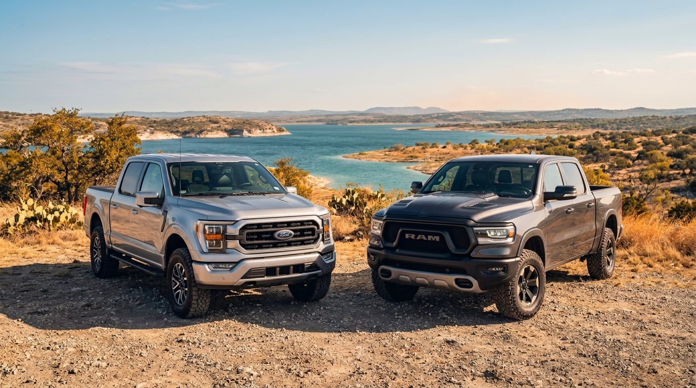 A wide-angle, realistic commercial photograph of a 2025 silver F-150 and a 2025 Ram 1500 parked along a gravel scenic overlook in Del Rio, Texas, overlooking the blue water of Amistad Reservoir under a bright sunny sky, surrounded by natural South Texas semi-arid landscape with low mesquite trees, dry grasses, and gentle limestone hills, low eye-level camera angle emphasizing the truck's rugged capability and clean stance, natural warm daylight, crisp textures on the metallic paint and all-terrain tires, subtle heat haze on the distant horizon, relaxed outdoor Texas lifestyle atmosphere, clean composition without any text, logos, or license plates. (Representative image for illustration purposes only. Actual vehicle may vary based on trim and configuration.)