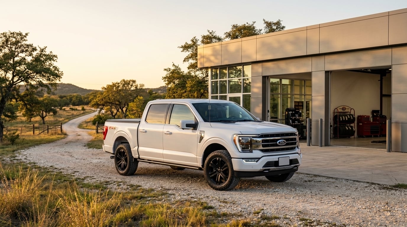 White Ford F-150 pickup truck parked on a gravel path near a modern garage at golden hour.